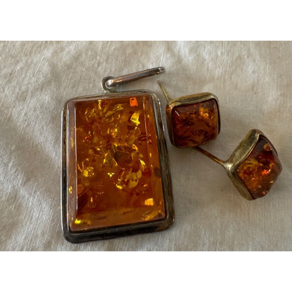 925 Sterling Silver Russian Baltic Amber Rectangular Pendant and Bonus Earrings